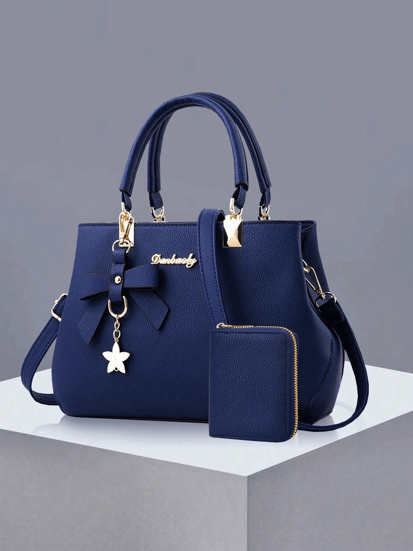 2pcs/1pc Women Solid Color Handbag & Wallet Set, With PU Leather & Bow Pendant, Zipper Closure, Great Mother's Day Gift