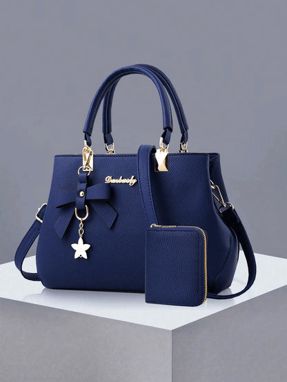 2pcs/1pc Women Solid Color Handbag & Wallet Set, With PU Leather & Bow Pendant, Zipper Closure, Great Mother's Day Gift