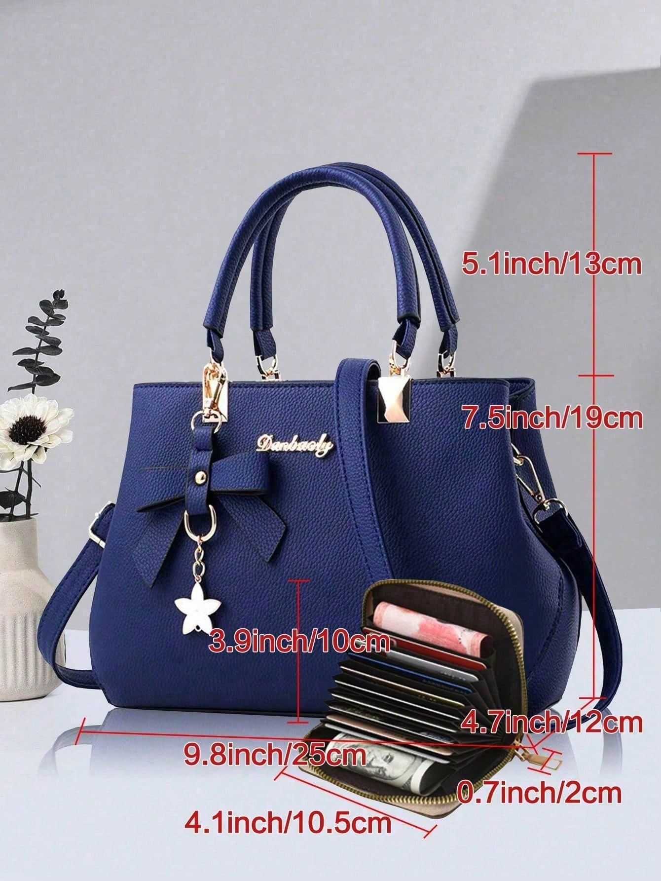 2pcs/1pc Women Solid Color Handbag & Wallet Set, With PU Leather & Bow Pendant, Zipper Closure, Great Mother's Day Gift