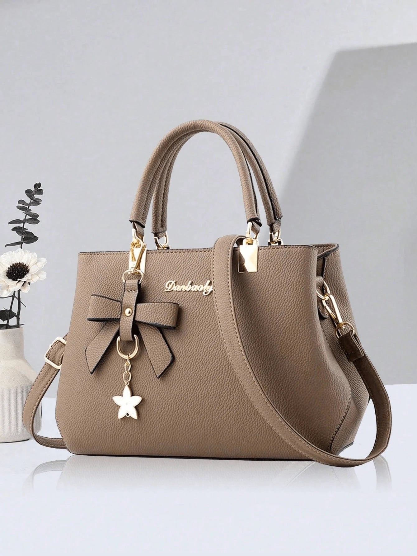 2pcs/1pc Women Solid Color Handbag & Wallet Set, With PU Leather & Bow Pendant, Zipper Closure, Great Mother's Day Gift