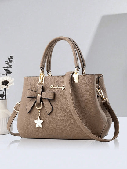 2pcs/1pc Women Solid Color Handbag & Wallet Set, With PU Leather & Bow Pendant, Zipper Closure, Great Mother's Day Gift