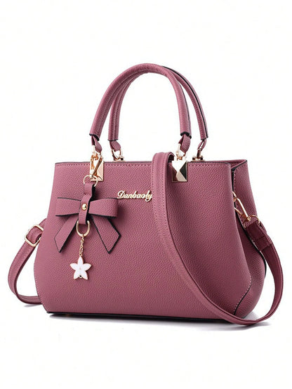 2pcs/1pc Women Solid Color Handbag & Wallet Set, With PU Leather & Bow Pendant, Zipper Closure, Great Mother's Day Gift