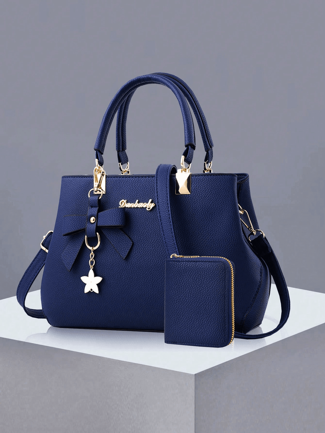 2pcs/1pc Women Solid Color Handbag & Wallet Set, With PU Leather & Bow Pendant, Zipper Closure, Great Mother's Day Gift