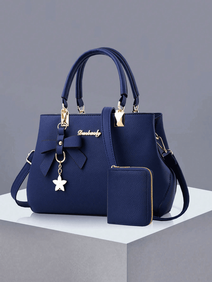2pcs/1pc Women Solid Color Handbag & Wallet Set, With PU Leather & Bow Pendant, Zipper Closure, Great Mother's Day Gift