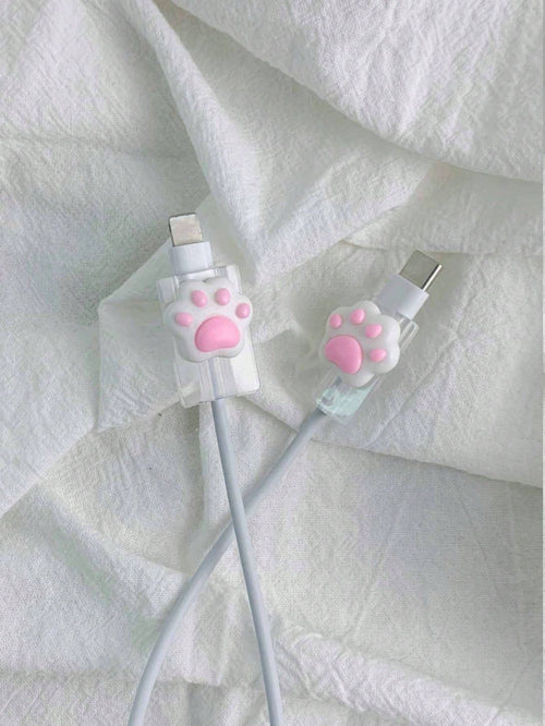 2pcs 3d Cat Paw Pattern Data Cable Protectors Charger Protector