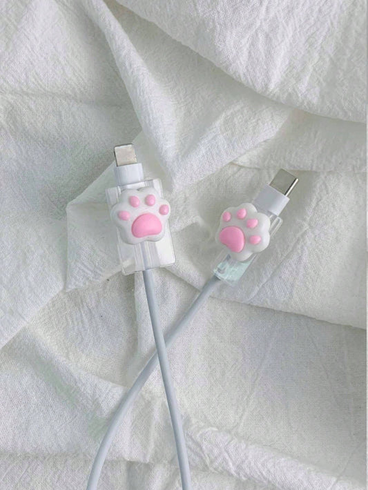 2pcs 3d Cat Paw Pattern Data Cable Protectors Charger Protector