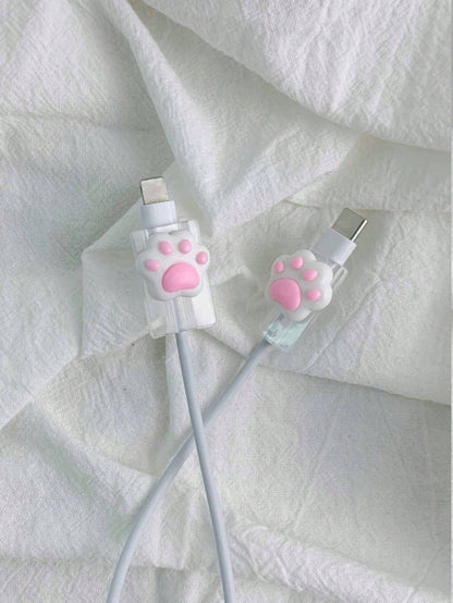 2pcs 3d Cat Paw Pattern Data Cable Protectors Charger Protector