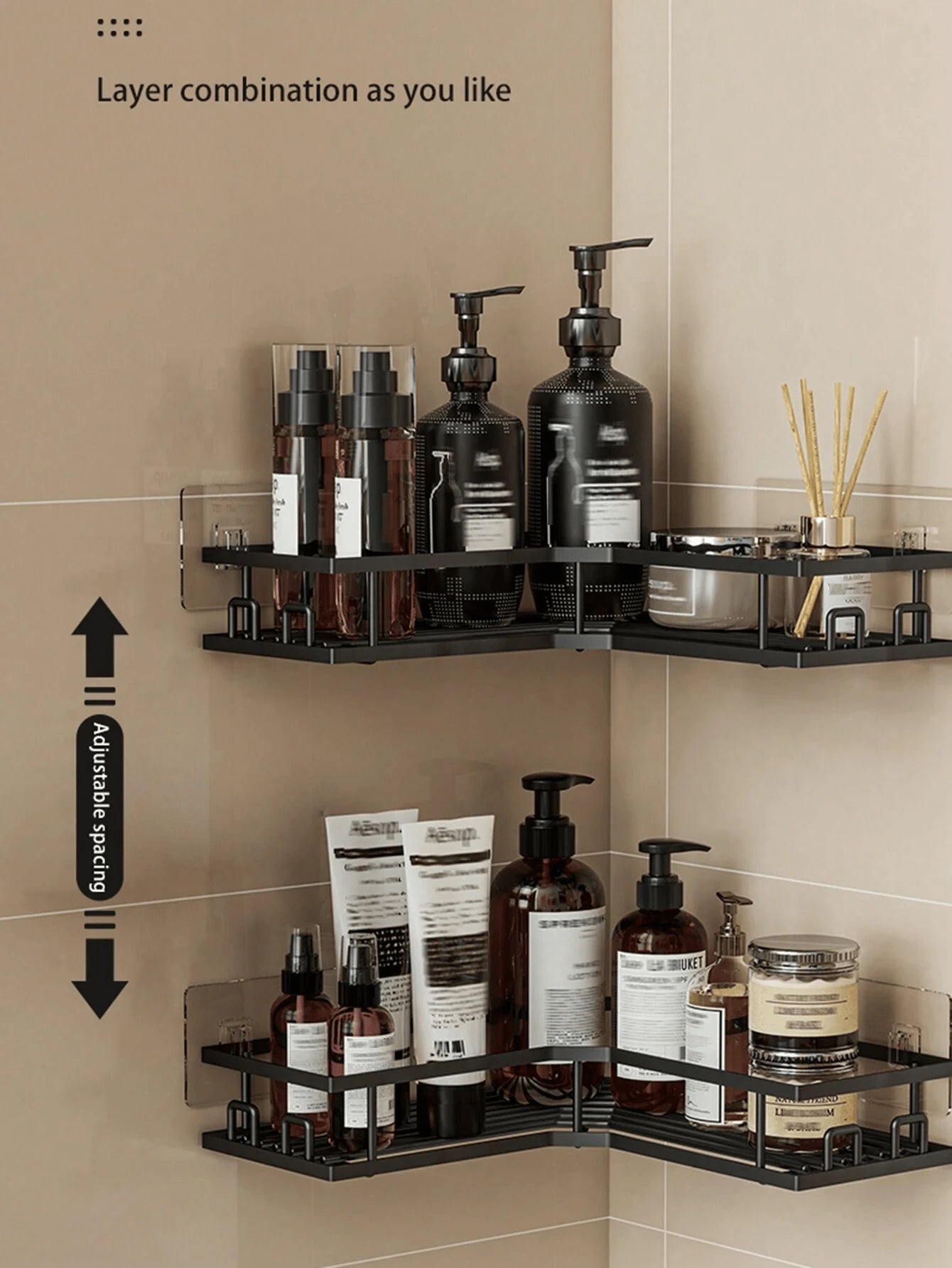 2pcs/3pcs Stainless Steel Bathroom Storage Rack Set, Corner Shower Caddy, Wall-Mounted Adhesive Shower Storage Rack, Weight Capacity Less Than 10kg, Body Wash Shampoo Soap Holder, Suitable For Bathroo