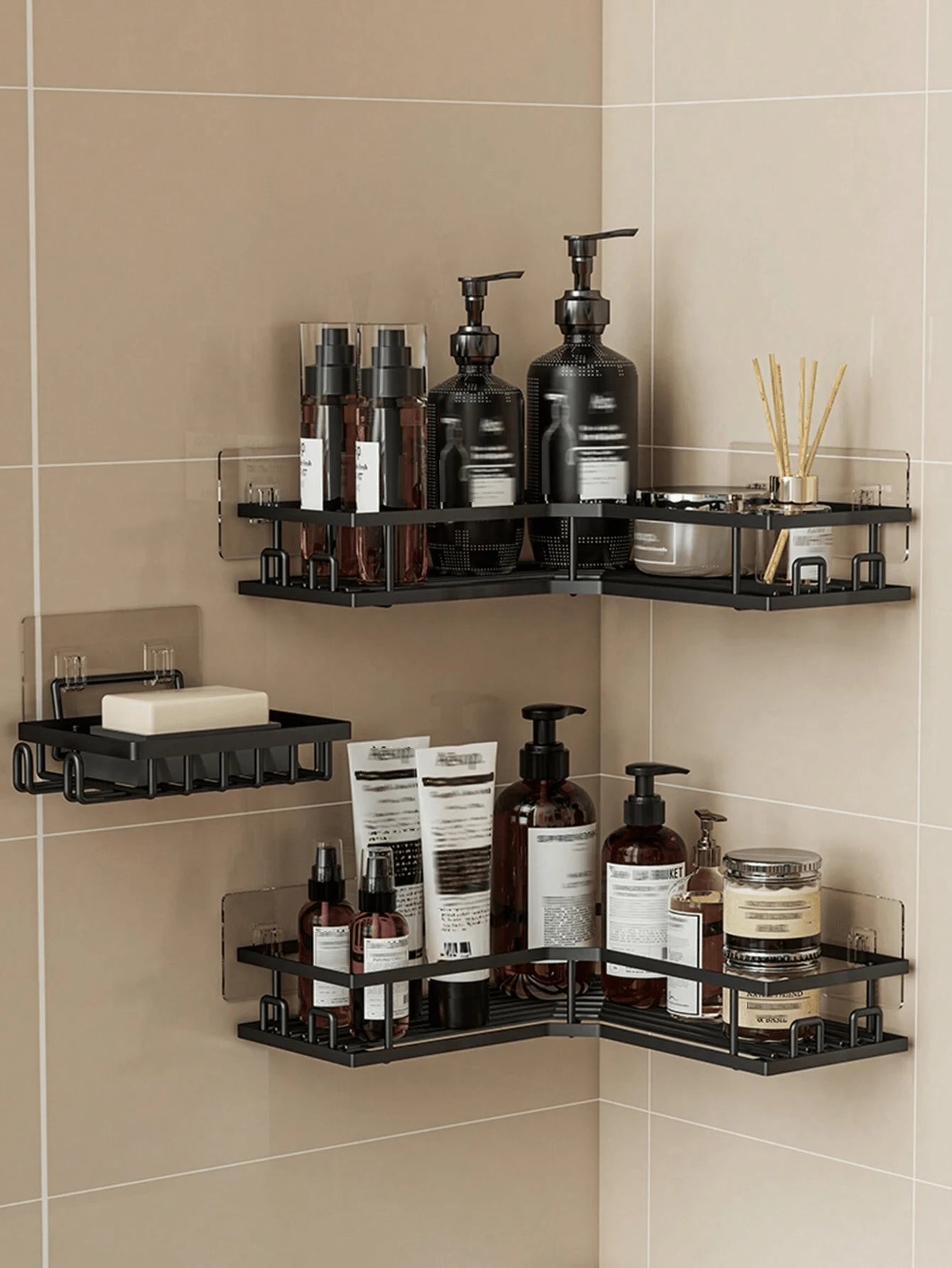 2pcs/3pcs Stainless Steel Bathroom Storage Rack Set, Corner Shower Caddy, Wall-Mounted Adhesive Shower Storage Rack, Weight Capacity Less Than 10kg, Body Wash Shampoo Soap Holder, Suitable For Bathroo