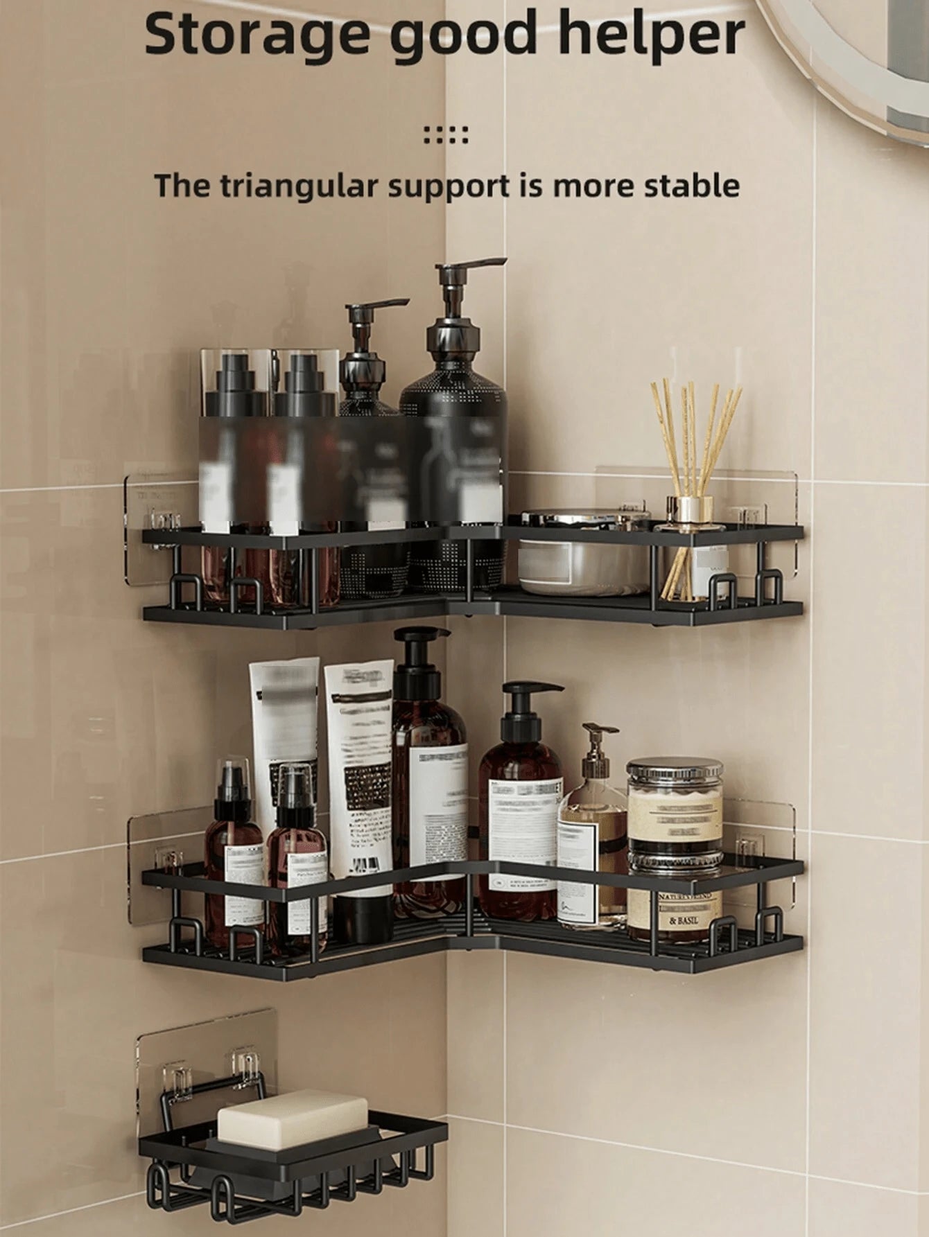 2pcs/3pcs Stainless Steel Bathroom Storage Rack Set, Corner Shower Caddy, Wall-Mounted Adhesive Shower Storage Rack, Weight Capacity Less Than 10kg, Body Wash Shampoo Soap Holder, Suitable For Bathroo