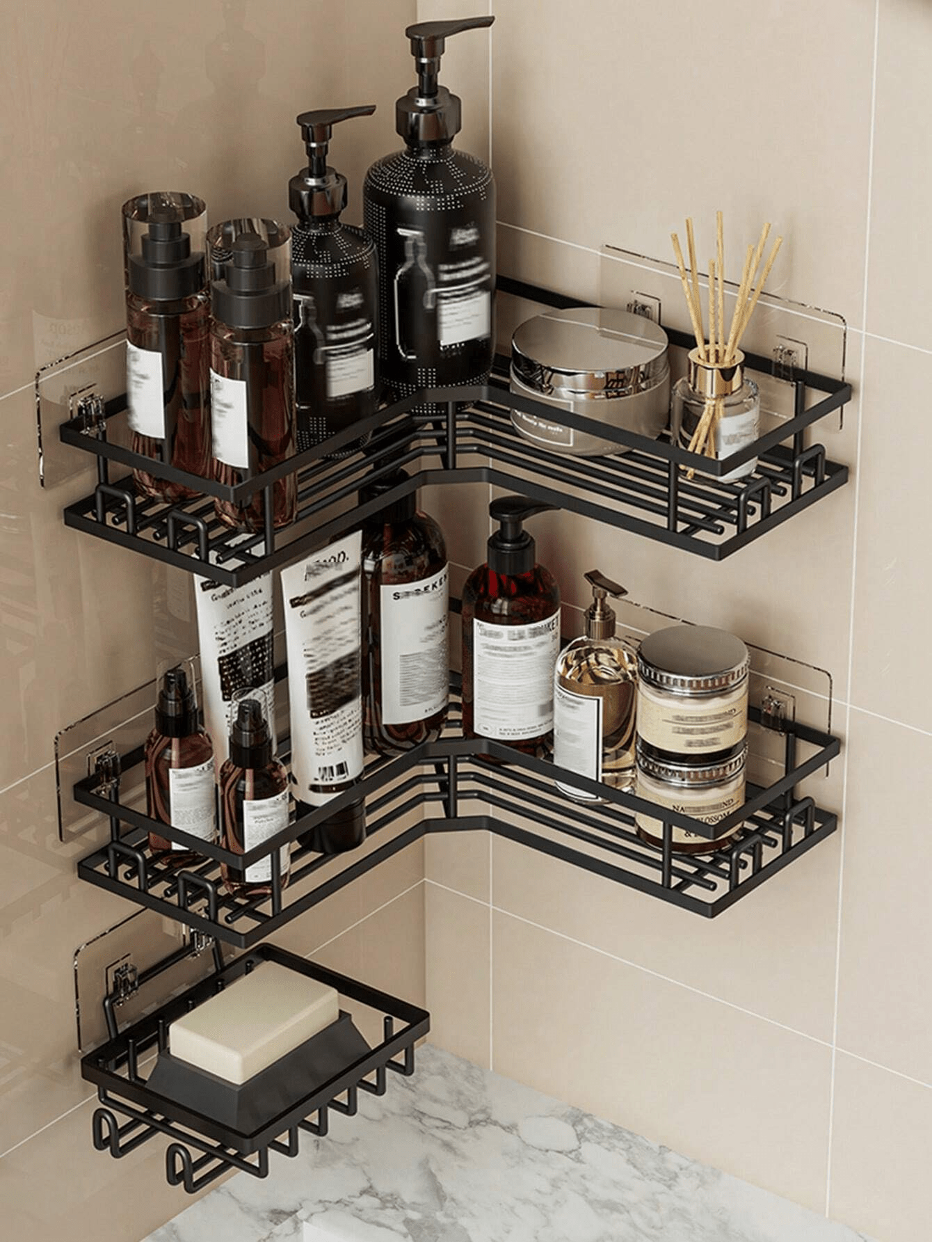 2pcs/3pcs Stainless Steel Bathroom Storage Rack Set, Corner Shower Caddy, Wall-Mounted Adhesive Shower Storage Rack, Weight Capacity Less Than 10kg, Body Wash Shampoo Soap Holder, Suitable For Bathroo