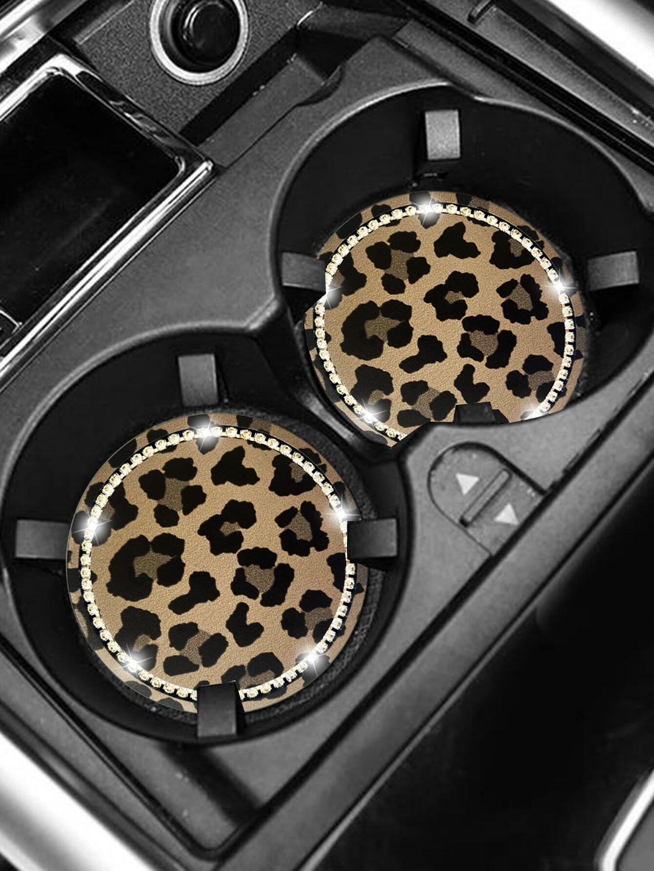 2pcs 7cm Diameter Rhinestone Cow Print & Leopard Print Anti-Slip Silicone Cup Coasters For Car