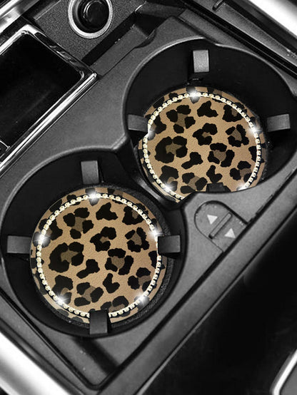 2pcs 7cm Diameter Rhinestone Cow Print & Leopard Print Anti-Slip Silicone Cup Coasters For Car
