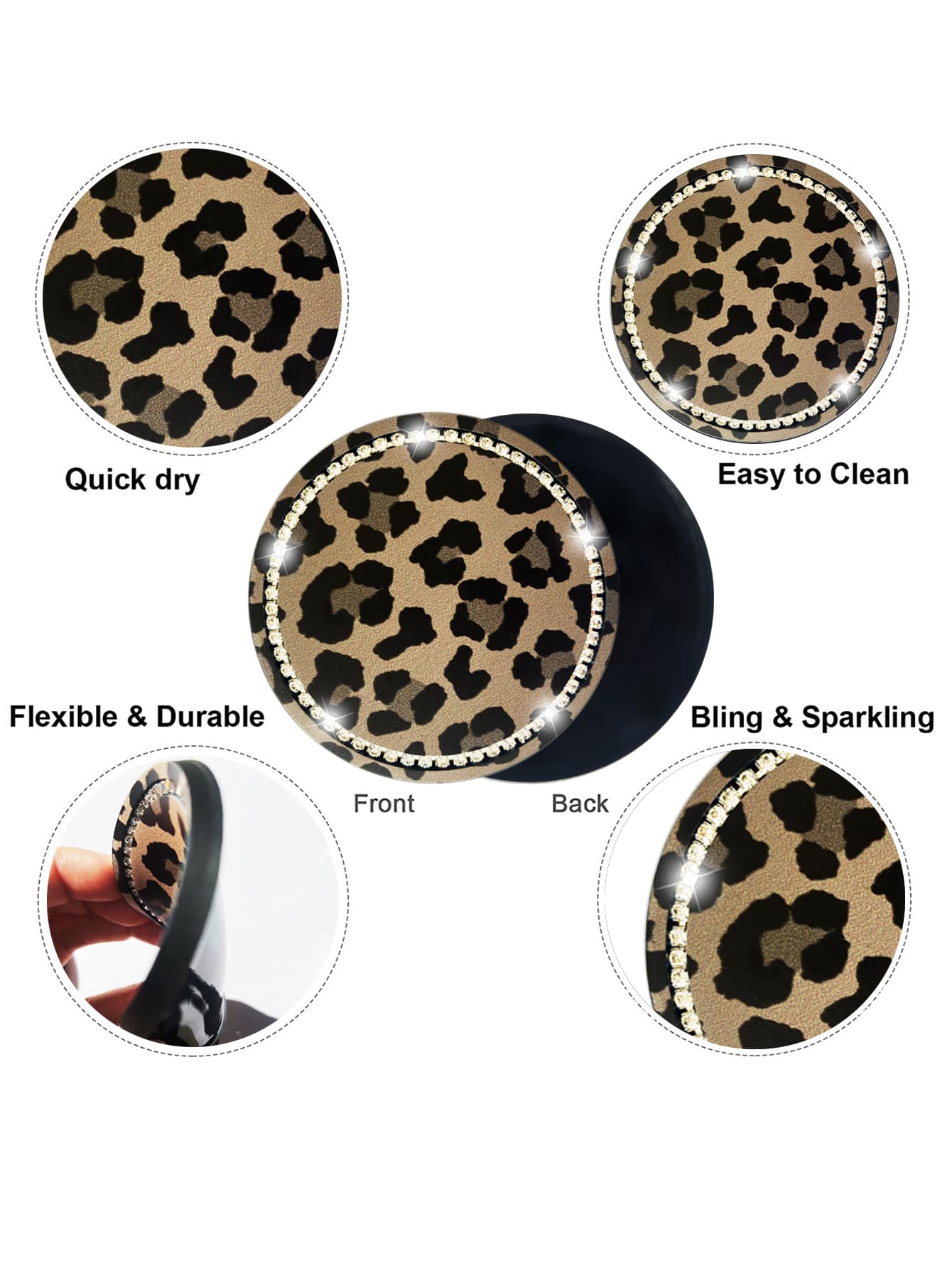 2pcs 7cm Diameter Rhinestone Cow Print & Leopard Print Anti-Slip Silicone Cup Coasters For Car