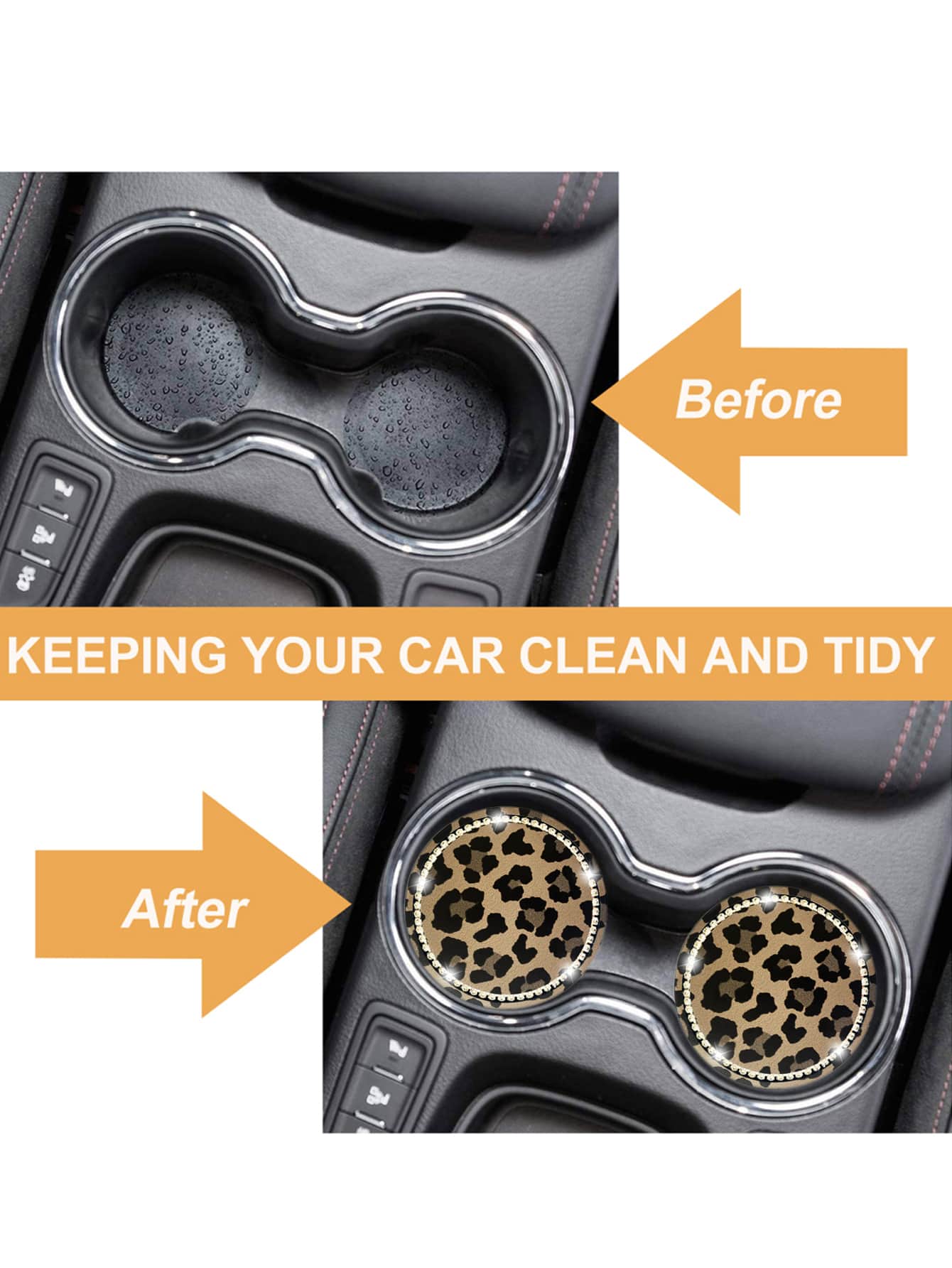 2pcs 7cm Diameter Rhinestone Cow Print & Leopard Print Anti-Slip Silicone Cup Coasters For Car