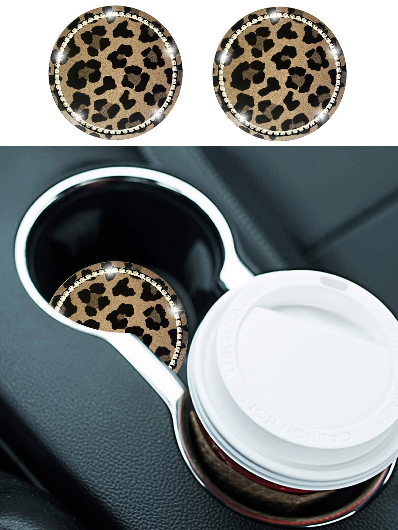 2pcs 7cm Diameter Rhinestone Cow Print & Leopard Print Anti-Slip Silicone Cup Coasters For Car