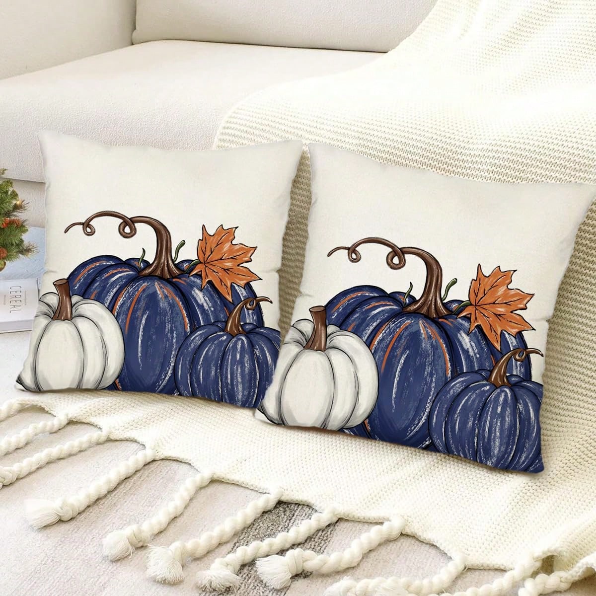 2pcs Autumn Blue Pumpkin Pillowcase, Autumn Pumpkin Cushion Cover For Indoor And Outdoor Decor, Thanksgiving Harvest Pillow Cover, Sofa Autumn Decoration Single Side Without Pillow Core