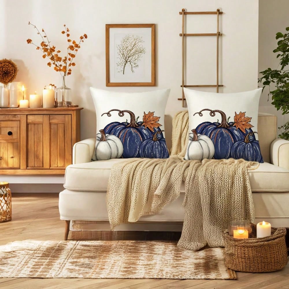 2pcs Autumn Blue Pumpkin Pillowcase, Autumn Pumpkin Cushion Cover For Indoor And Outdoor Decor, Thanksgiving Harvest Pillow Cover, Sofa Autumn Decoration Single Side Without Pillow Core