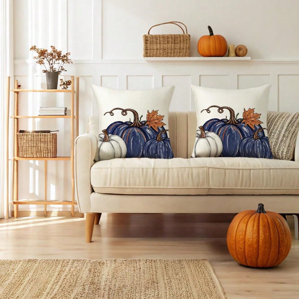 2pcs Autumn Blue Pumpkin Pillowcase, Autumn Pumpkin Cushion Cover For Indoor And Outdoor Decor, Thanksgiving Harvest Pillow Cover, Sofa Autumn Decoration Single Side Without Pillow Core