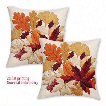 2pcs Autumn Maple & Ginkgo Leaf Pillow Covers, Vintage Autumn Tree Leaf Print, Single-Sided 2D Flat Printing, Non-3D Real Embroidery, Soft Comfortable Polyester Cushion Covers, 45*45cm (18*18in), Zipp