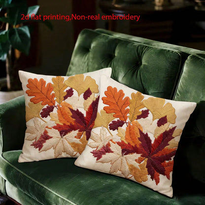 2pcs Autumn Maple & Ginkgo Leaf Pillow Covers, Vintage Autumn Tree Leaf Print, Single-Sided 2D Flat Printing, Non-3D Real Embroidery, Soft Comfortable Polyester Cushion Covers, 45*45cm (18*18in), Zipp