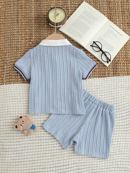 2pcs Baby Boy Cute Blue Summer Gentleman Set,Knitted Jacquard Shirt With Bow Tie,Bear Patch,Shorts,Carrer Day,Back-To-School Birthday Wedding Outfit