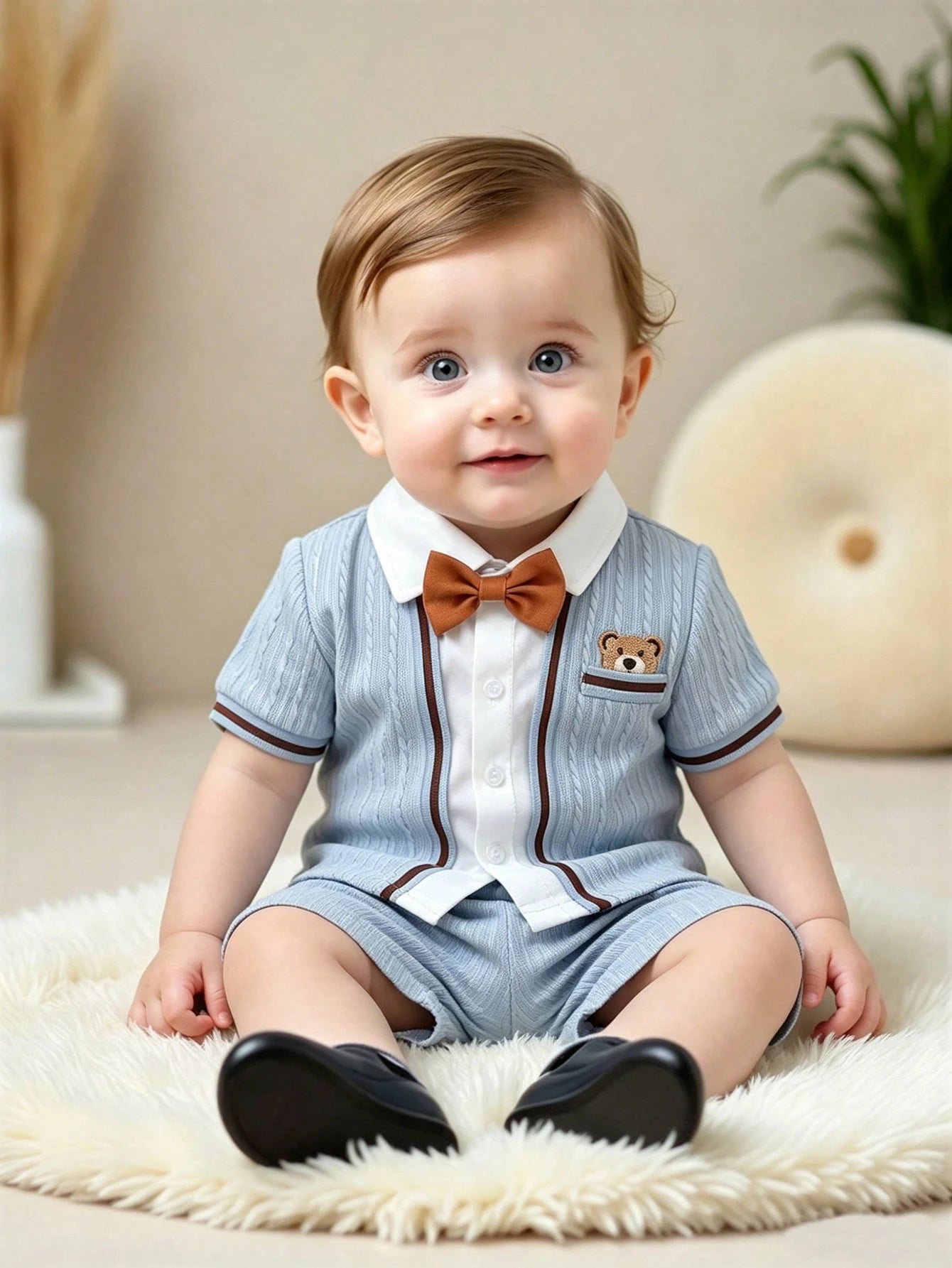 2pcs Baby Boy Cute Blue Summer Gentleman Set,Knitted Jacquard Shirt With Bow Tie,Bear Patch,Shorts,Carrer Day,Back-To-School Birthday Wedding Outfit