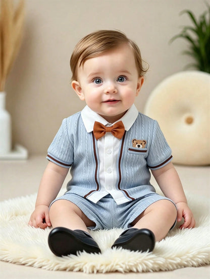 2pcs Baby Boy Cute Blue Summer Gentleman Set,Knitted Jacquard Shirt With Bow Tie,Bear Patch,Shorts,Carrer Day,Back-To-School Birthday Wedding Outfit