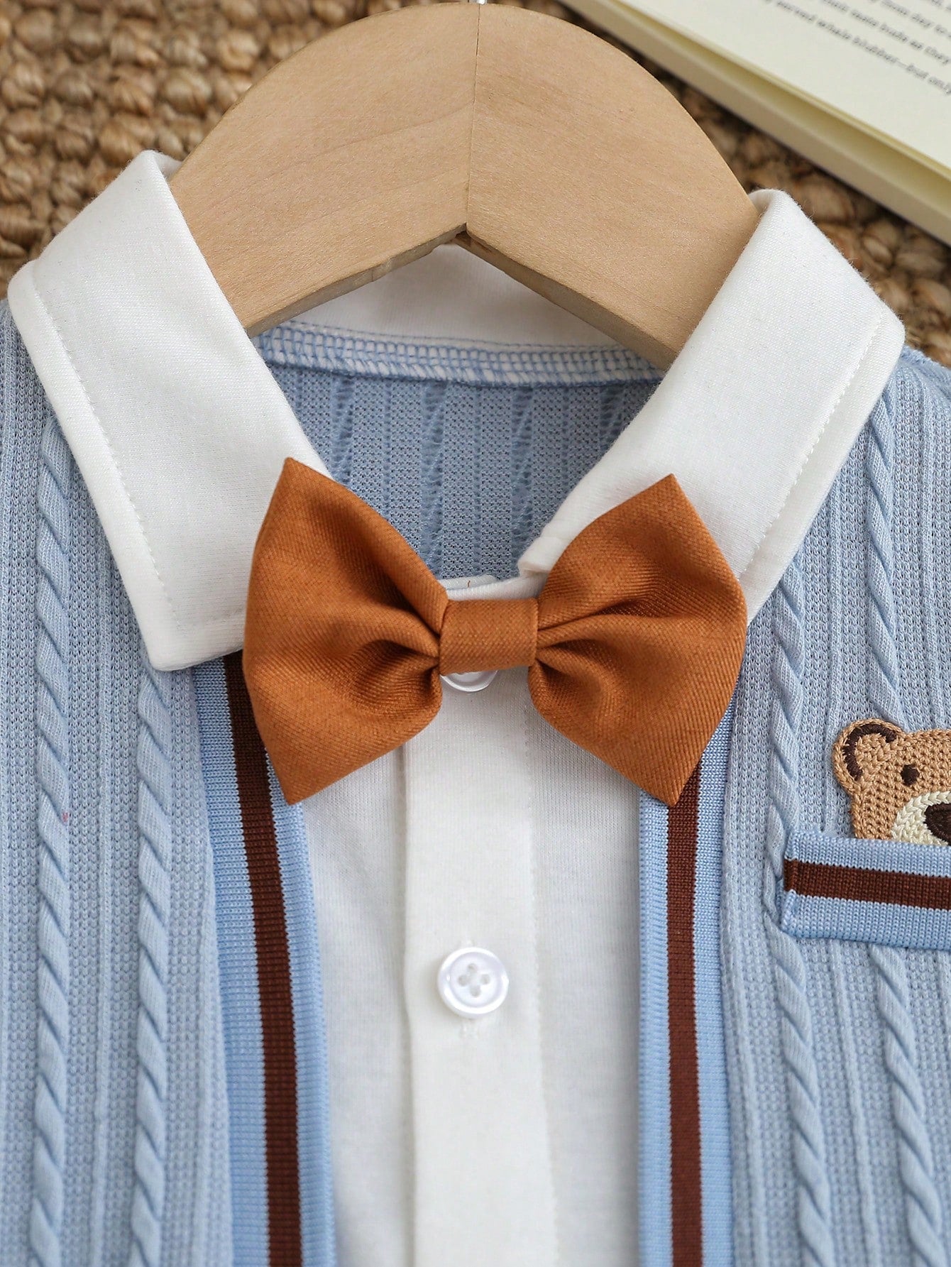2pcs Baby Boy Cute Blue Summer Gentleman Set,Knitted Jacquard Shirt With Bow Tie,Bear Patch,Shorts,Carrer Day,Back-To-School Birthday Wedding Outfit