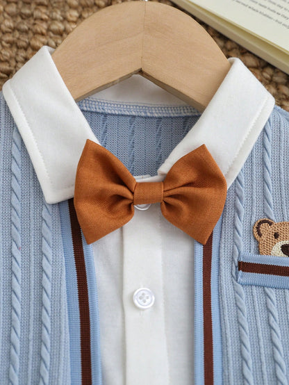 2pcs Baby Boy Cute Blue Summer Gentleman Set,Knitted Jacquard Shirt With Bow Tie,Bear Patch,Shorts,Carrer Day,Back-To-School Birthday Wedding Outfit