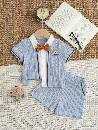 2pcs Baby Boy Cute Blue Summer Gentleman Set,Knitted Jacquard Shirt With Bow Tie,Bear Patch,Shorts,Carrer Day,Back-To-School Birthday Wedding Outfit