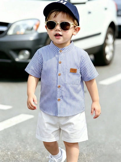 2pcs Baby Boy Outfit,Blue And White Striped Short Sleeve Collared Shirt&White Shorts,Summer Casual Page Boy Suit For Party Birthday Dining
