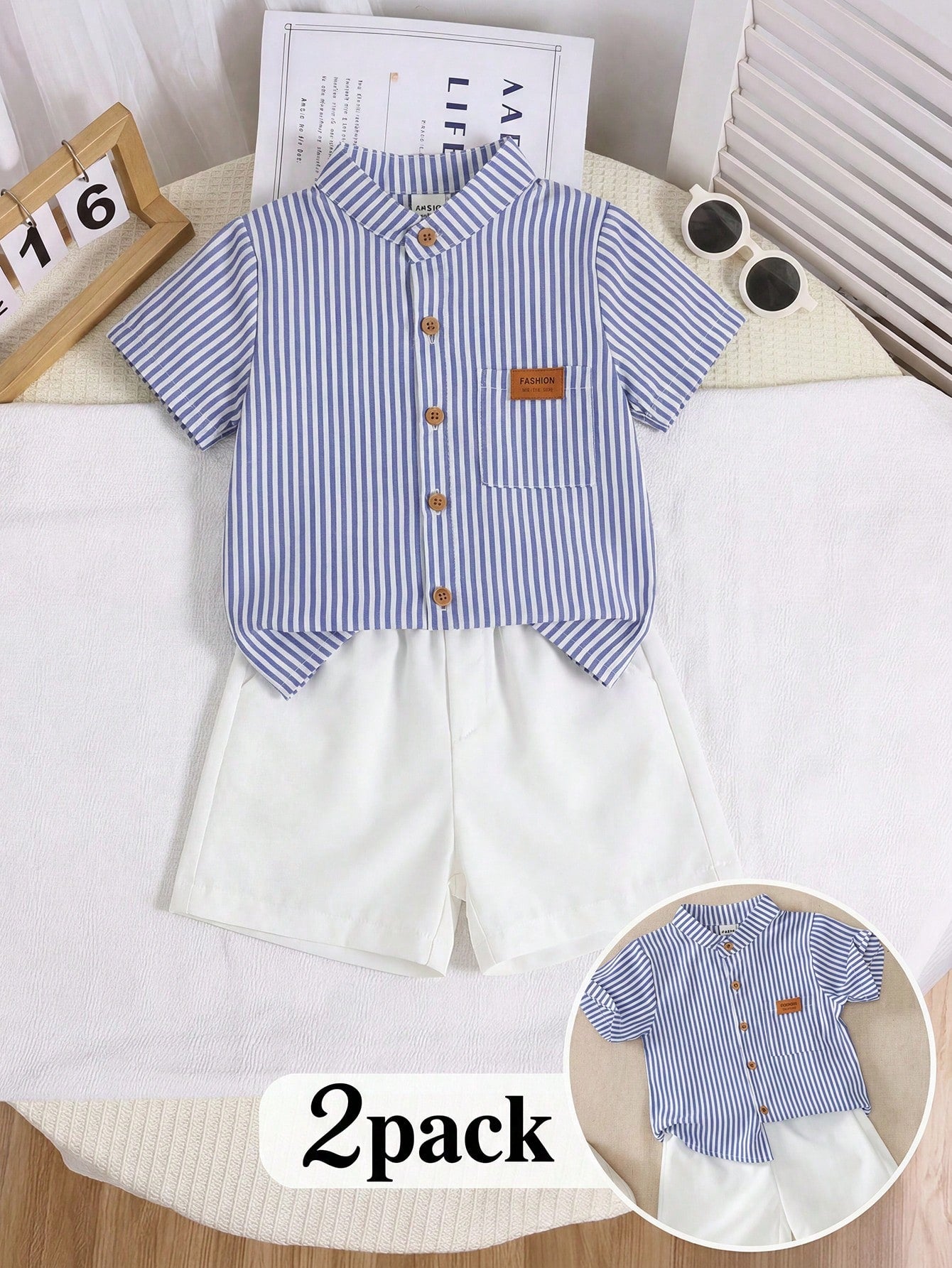 2pcs Baby Boy Outfit,Blue And White Striped Short Sleeve Collared Shirt&White Shorts,Summer Casual Page Boy Suit For Party Birthday Dining