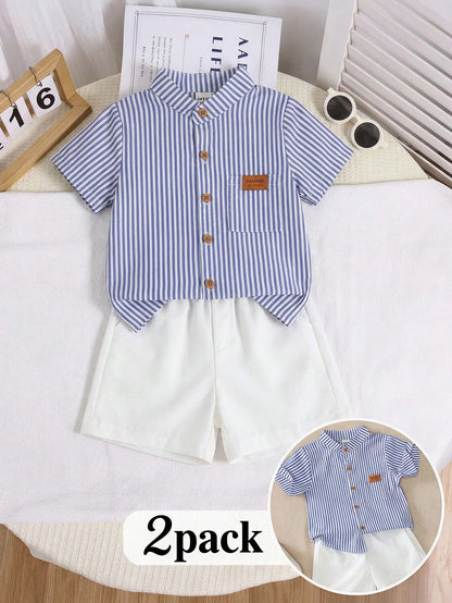 2pcs Baby Boy Outfit,Blue And White Striped Short Sleeve Collared Shirt&White Shorts,Summer Casual Page Boy Suit For Party Birthday Dining