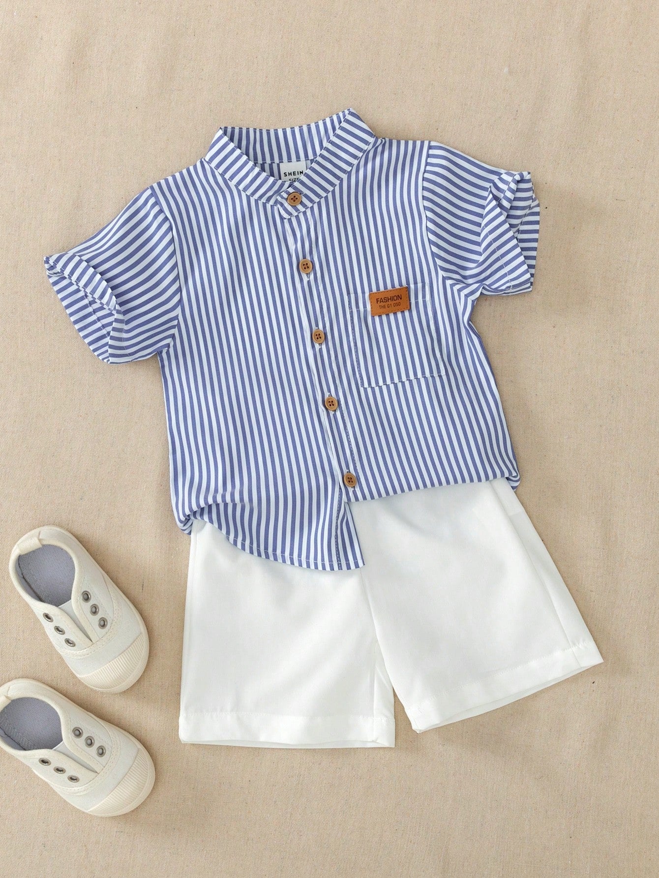 2pcs Baby Boy Outfit,Blue And White Striped Short Sleeve Collared Shirt&White Shorts,Summer Casual Page Boy Suit For Party Birthday Dining
