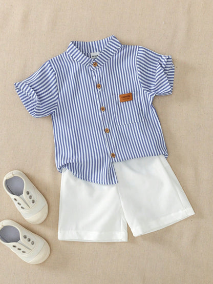 2pcs Baby Boy Outfit,Blue And White Striped Short Sleeve Collared Shirt&White Shorts,Summer Casual Page Boy Suit For Party Birthday Dining
