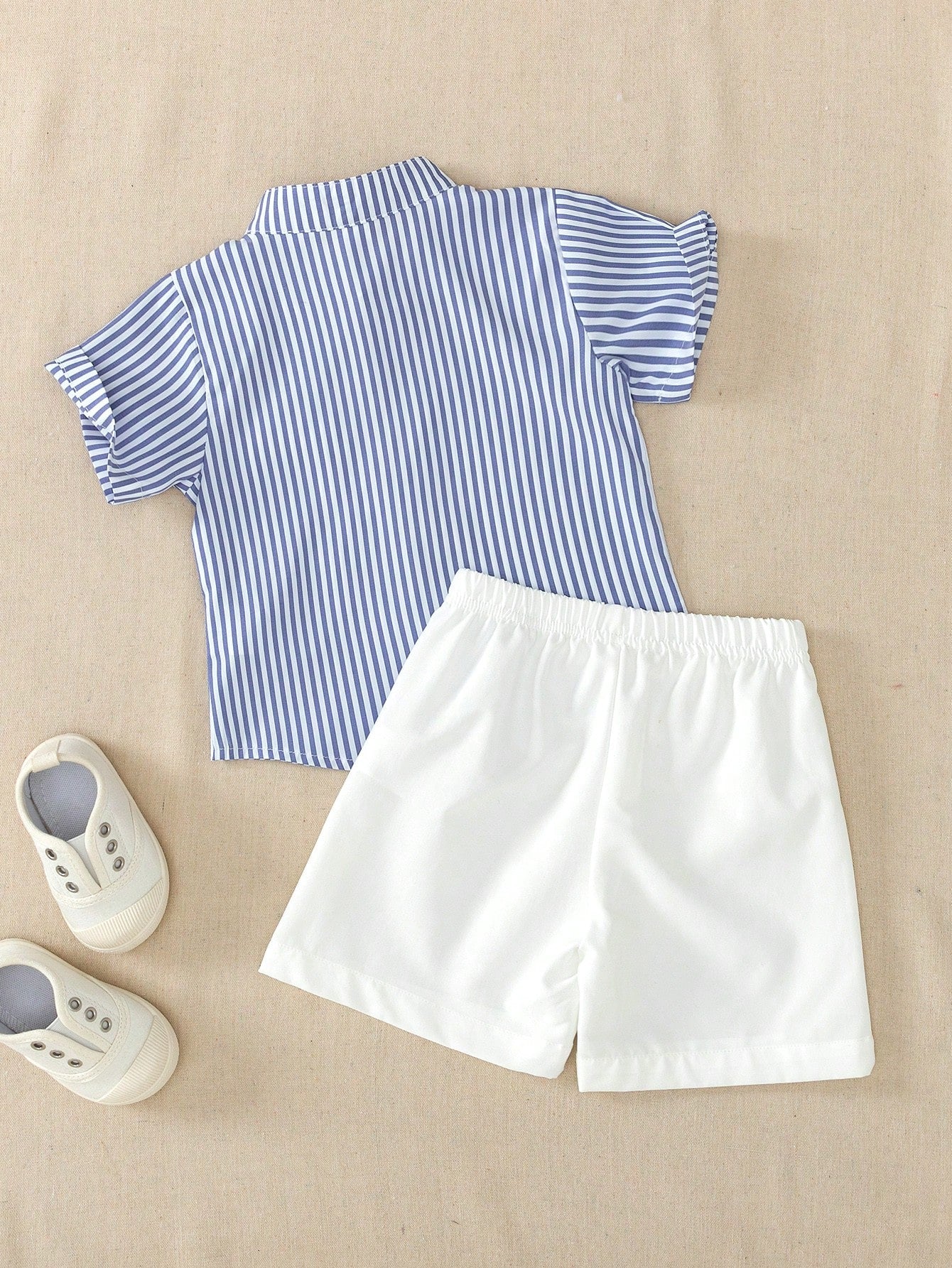 2pcs Baby Boy Outfit,Blue And White Striped Short Sleeve Collared Shirt&White Shorts,Summer Casual Page Boy Suit For Party Birthday Dining
