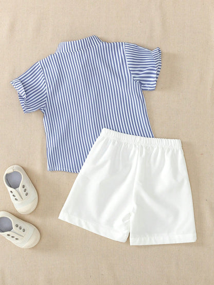 2pcs Baby Boy Outfit,Blue And White Striped Short Sleeve Collared Shirt&White Shorts,Summer Casual Page Boy Suit For Party Birthday Dining