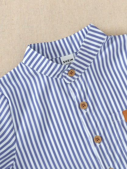2pcs Baby Boy Outfit,Blue And White Striped Short Sleeve Collared Shirt&White Shorts,Summer Casual Page Boy Suit For Party Birthday Dining