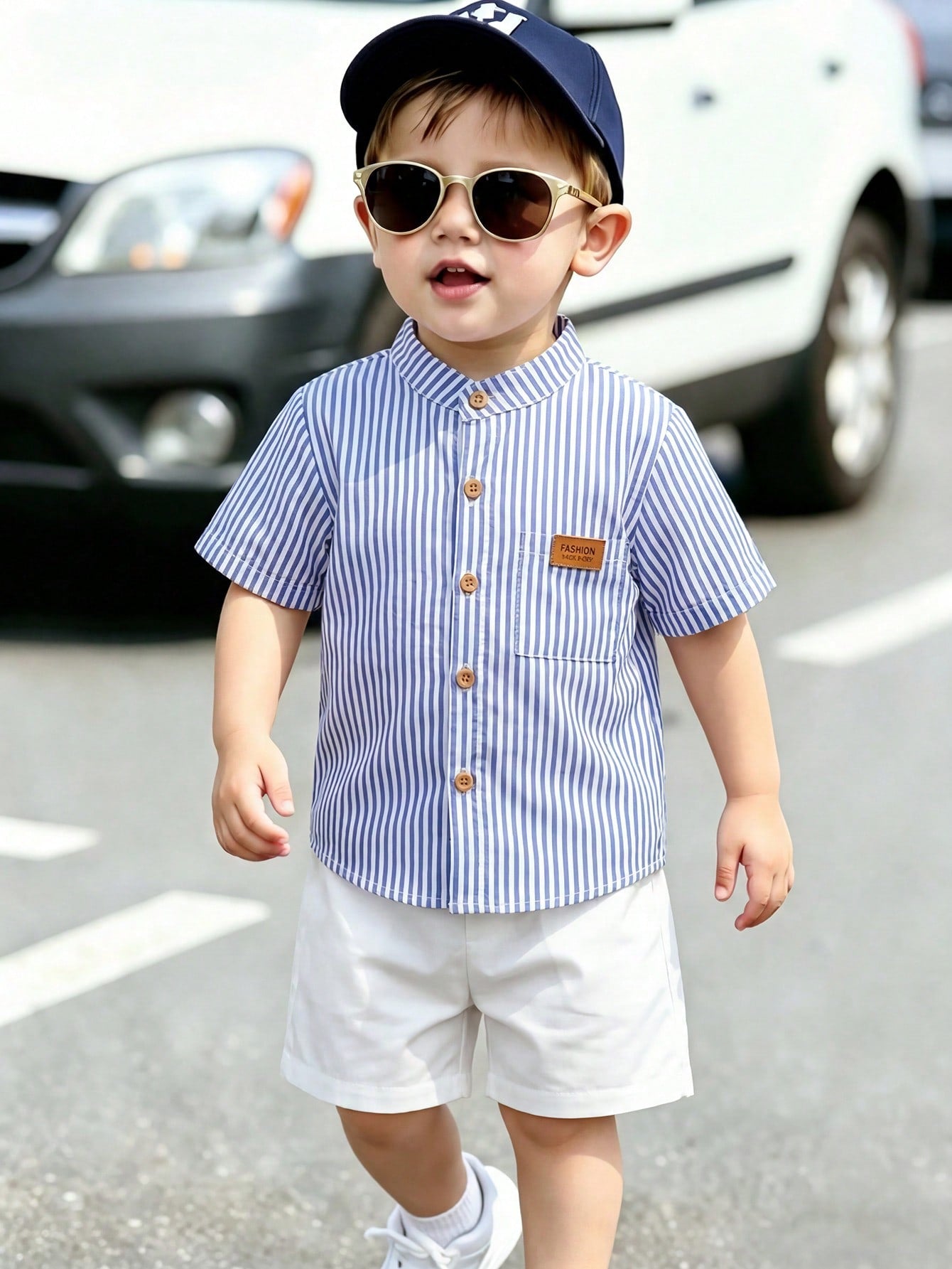 2pcs Baby Boy Outfit,Blue And White Striped Short Sleeve Collared Shirt&White Shorts,Summer Casual Page Boy Suit For Party Birthday Dining