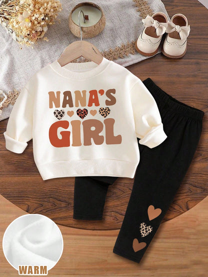 2pcs Baby Girl Cute Leopard Print Heart & Letter ""GIRL"" Pattern Brown And White Knit Sweatshirt And Black Leggings Set,Autumn Matching Family Style