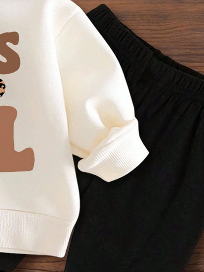 2pcs Baby Girl Cute Leopard Print Heart & Letter ""GIRL"" Pattern Brown And White Knit Sweatshirt And Black Leggings Set,Autumn Matching Family Style