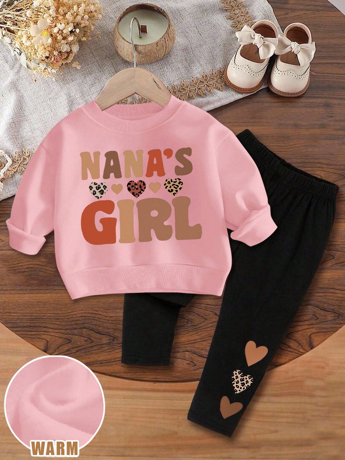 2pcs Baby Girl Cute Leopard Print Heart & Letter ""GIRL"" Pattern Brown And White Knit Sweatshirt And Black Leggings Set,Autumn Matching Family Style