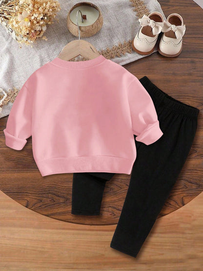 2pcs Baby Girl Cute Leopard Print Heart & Letter ""GIRL"" Pattern Brown And White Knit Sweatshirt And Black Leggings Set,Autumn Matching Family Style