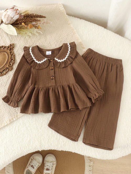 2pcs Baby Girl Mori Style Vintage Brown Peter Pan Collar Long Sleeve Top & Matching Loose Wide Leg Pants Set, Lightweight For Spring/Autumn