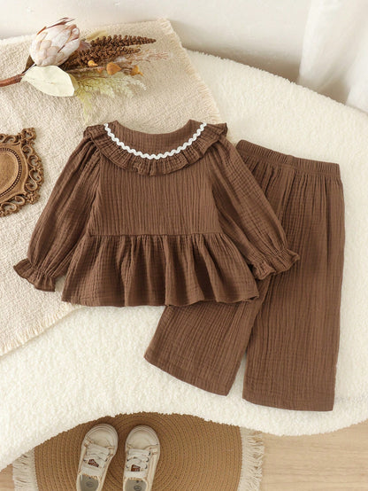 2pcs Baby Girl Mori Style Vintage Brown Peter Pan Collar Long Sleeve Top & Matching Loose Wide Leg Pants Set, Lightweight For Spring/Autumn