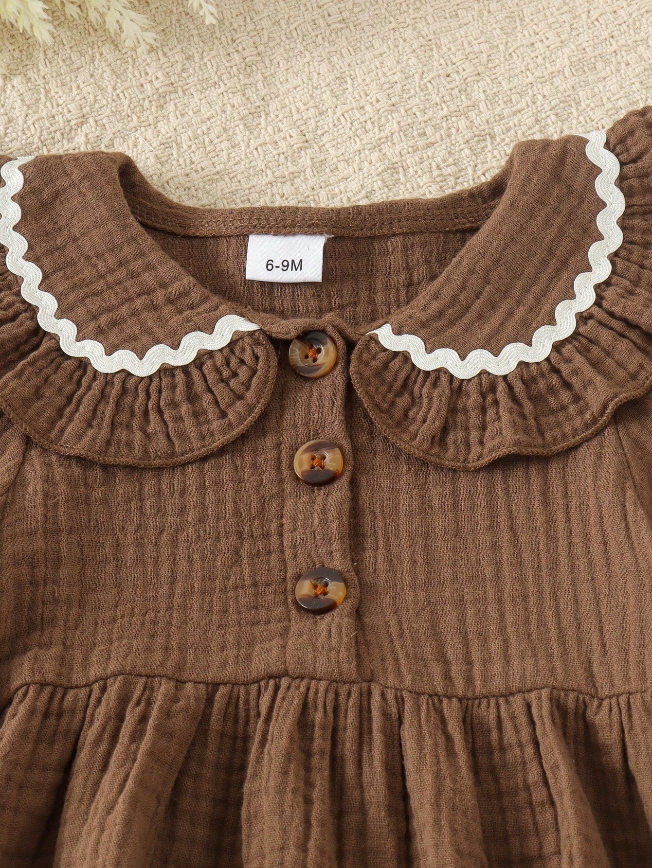 2pcs Baby Girl Mori Style Vintage Brown Peter Pan Collar Long Sleeve Top & Matching Loose Wide Leg Pants Set, Lightweight For Spring/Autumn