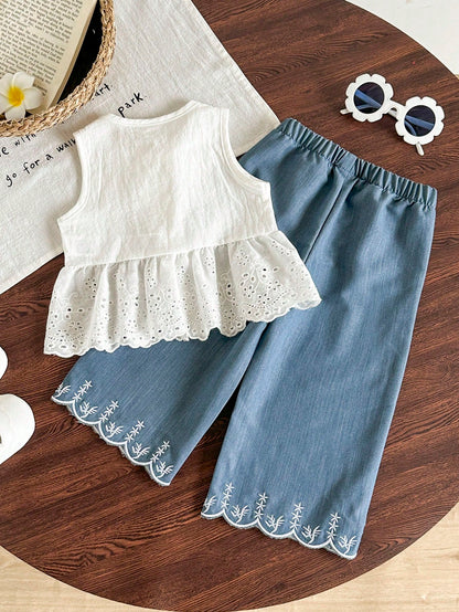 2pcs Baby Girl Toddler/Newborn 0-3Y Spring/Summer Casual Sweet Daily Vacation Striped Woven Sleeveless Top & Wide Leg Pants 2-Piece Set