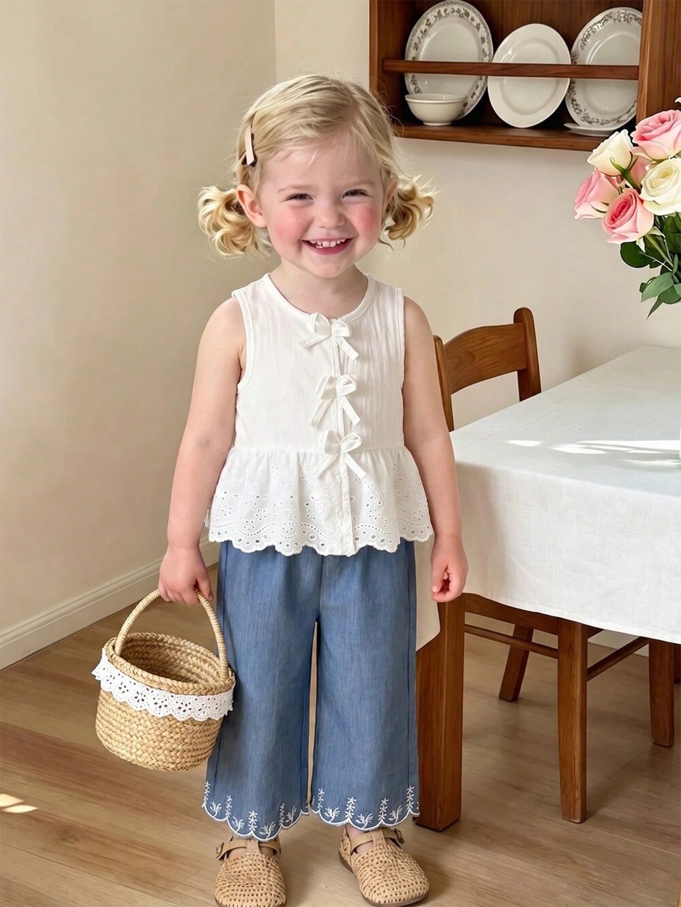 2pcs Baby Girl Toddler/Newborn 0-3Y Spring/Summer Casual Sweet Daily Vacation Striped Woven Sleeveless Top & Wide Leg Pants 2-Piece Set