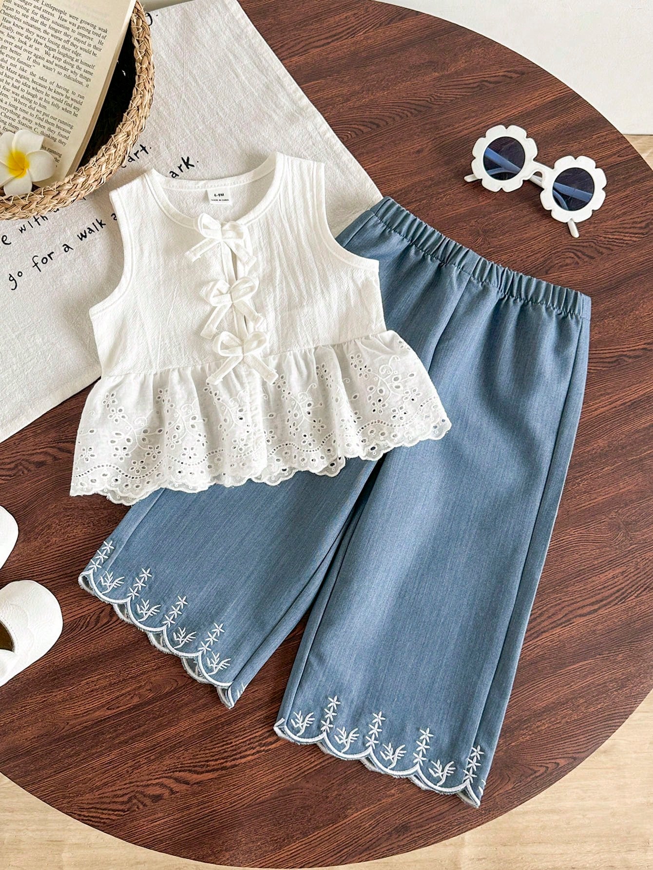 2pcs Baby Girl Toddler/Newborn 0-3Y Spring/Summer Casual Sweet Daily Vacation Striped Woven Sleeveless Top & Wide Leg Pants 2-Piece Set